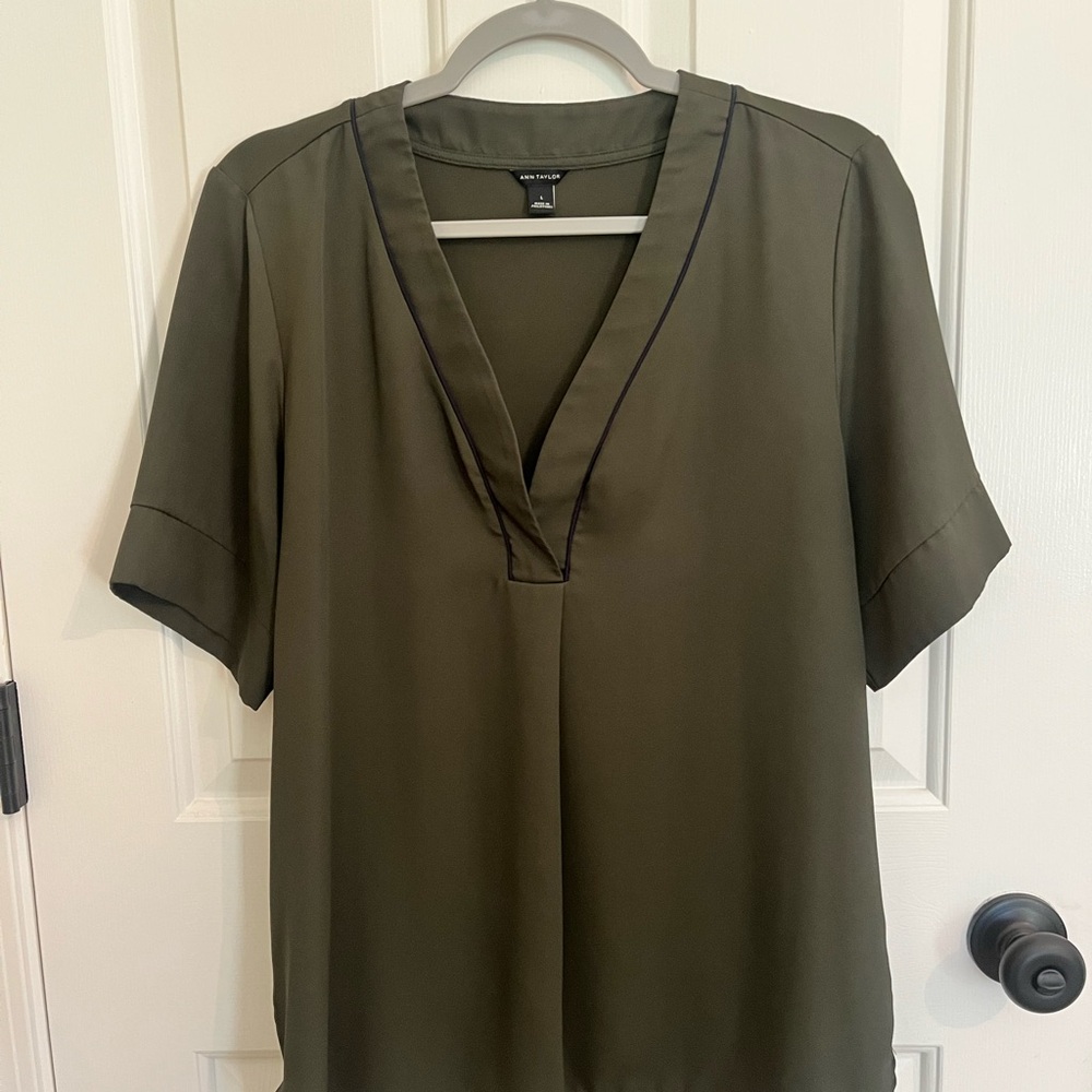 Ann Taylor Dark Olive V-Neck Blouse